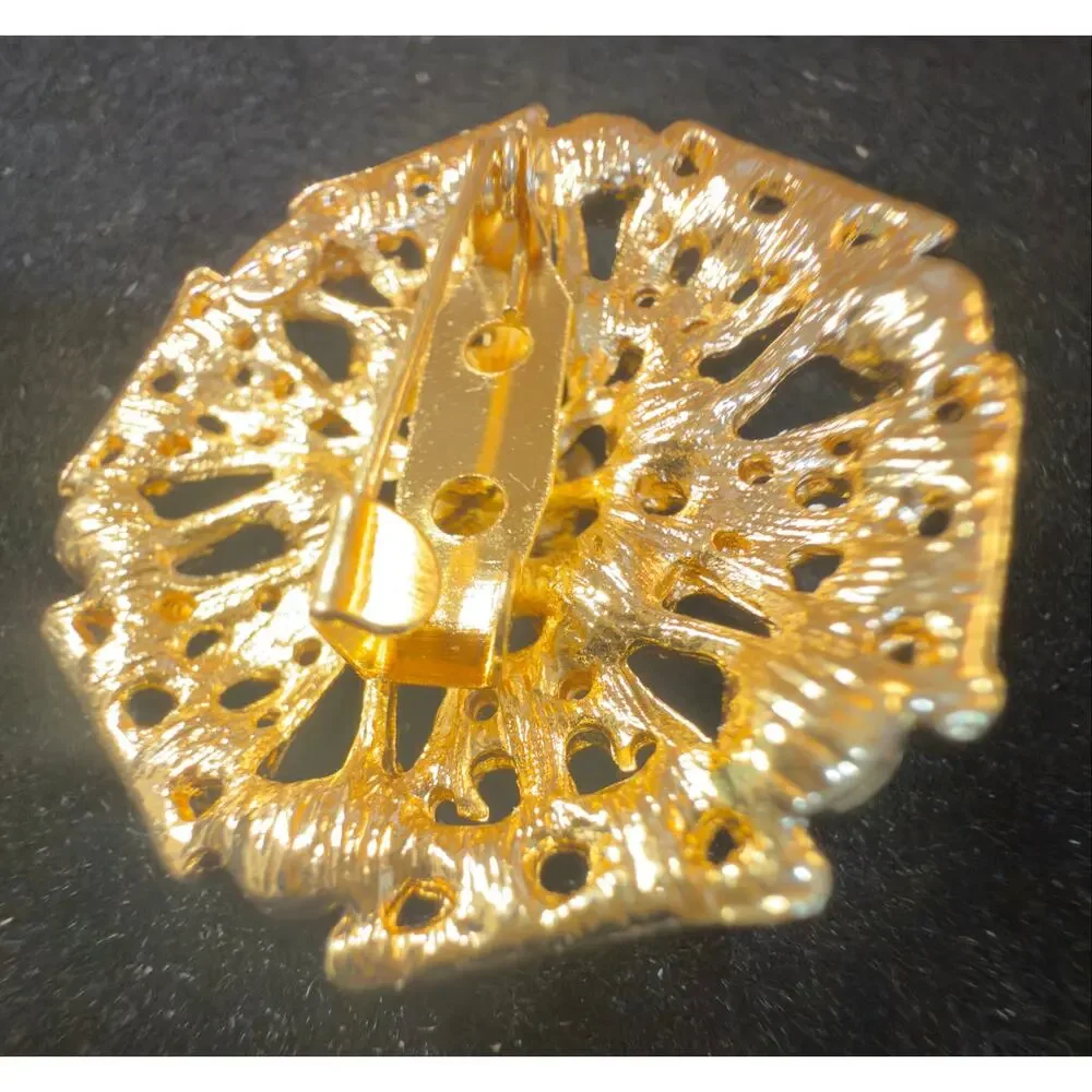 VTG Gold-Tone Pink Garnet Rhinestone Starburst Brooch Floral Filigree Statement